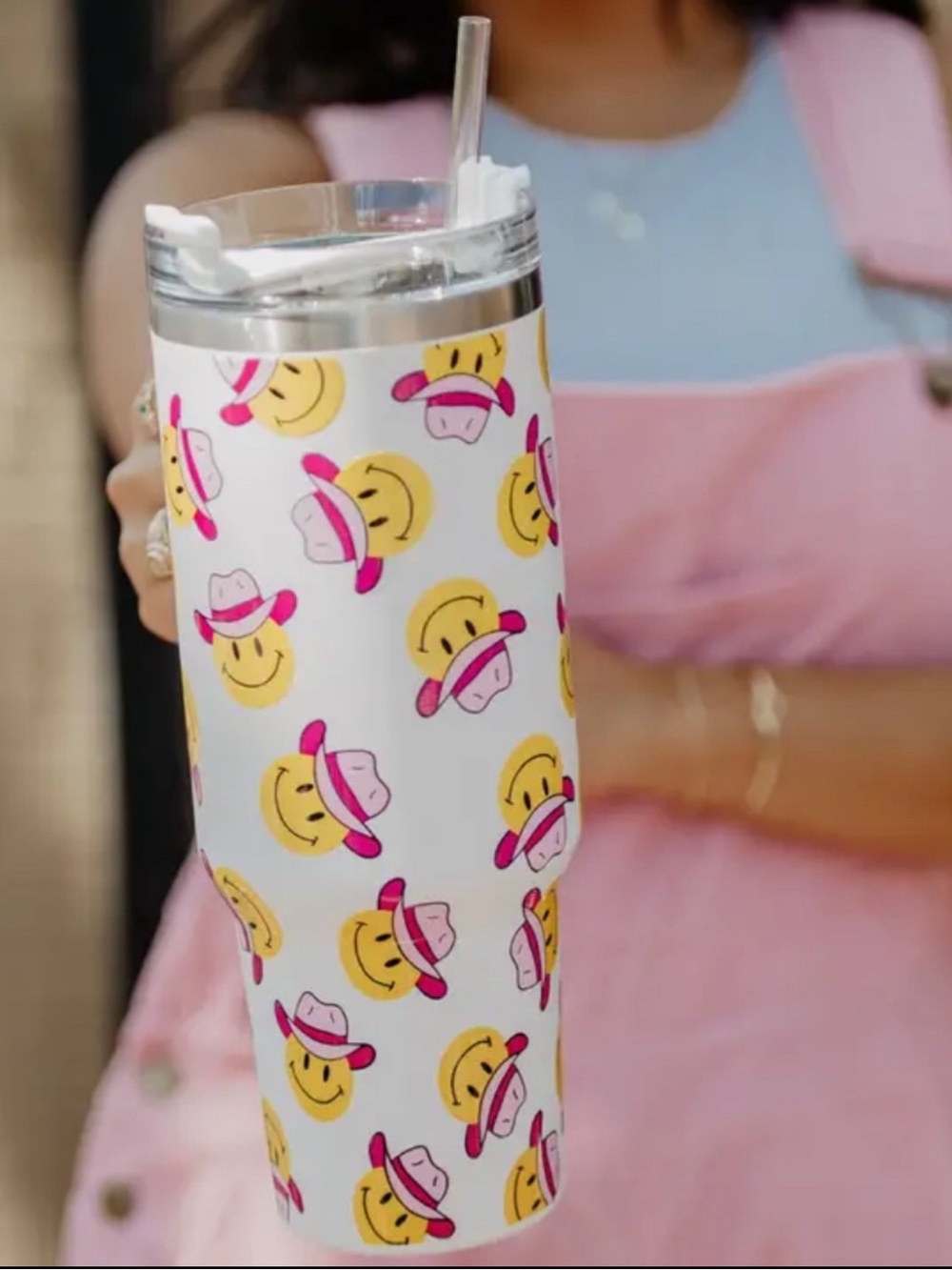Katydid Cowboy Smiley Tumbler - Yellow & Pink